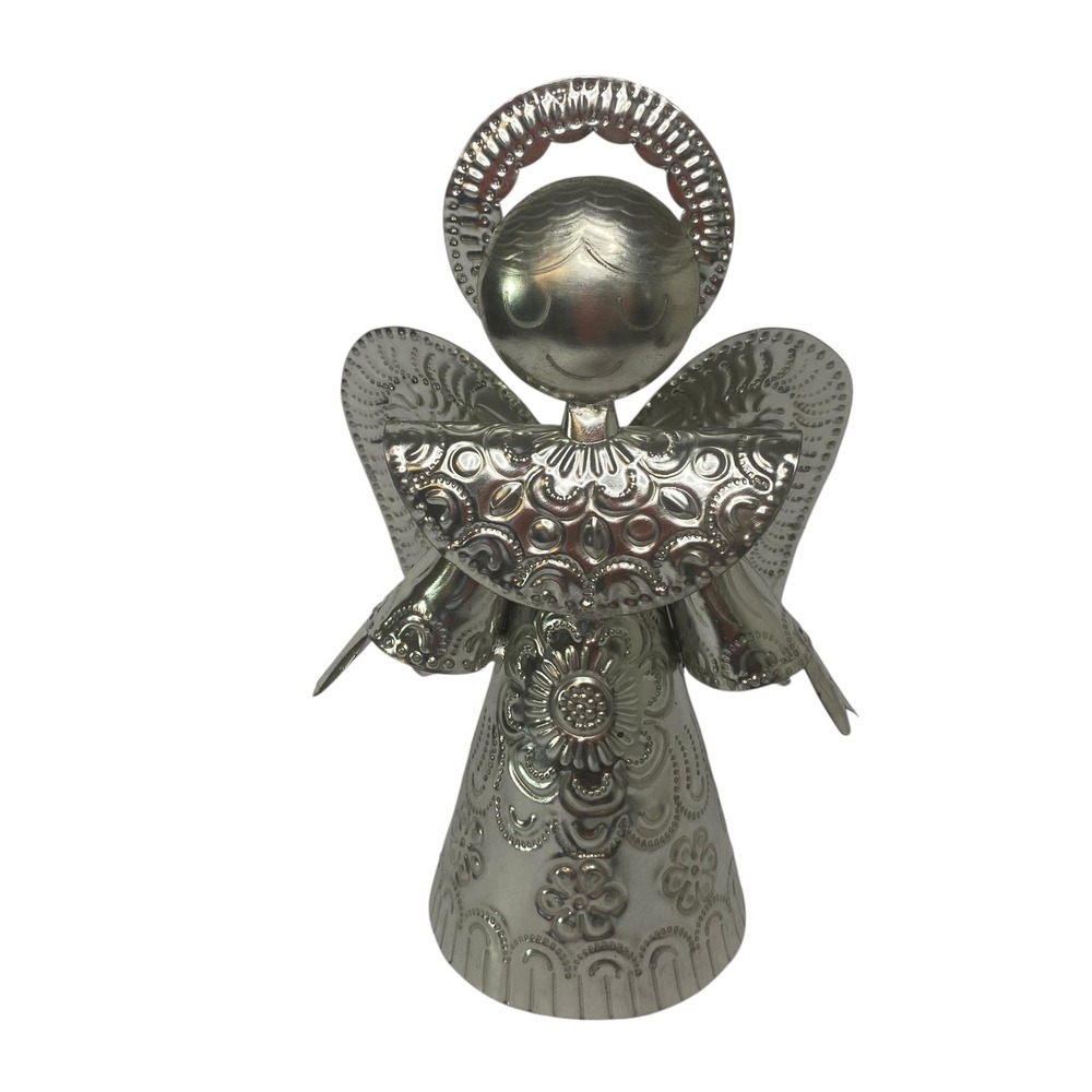 Angel of Oaxaca Mexican Folk Art Tin Angel Tree Topper Embossed Christmas Silver